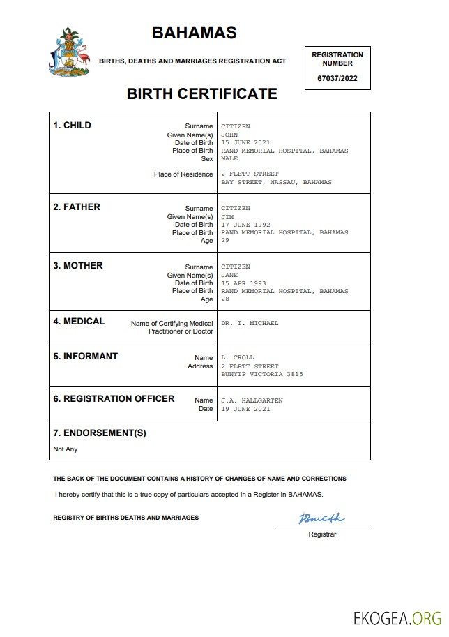 Modèle Word et PDF d'acte de naissance d'acte d'état civil des Bahamas